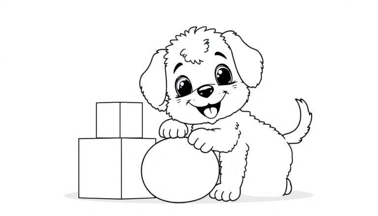 Un perrito feliz jugando con bloques, listo para una placa de color.