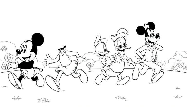 Placa de color de Mickey Mouse, Goofy y dos patos corriendo en un campo.