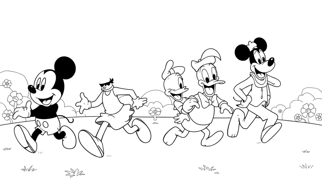 Placa de color de Mickey Mouse, Goofy y dos patos corriendo en un campo.