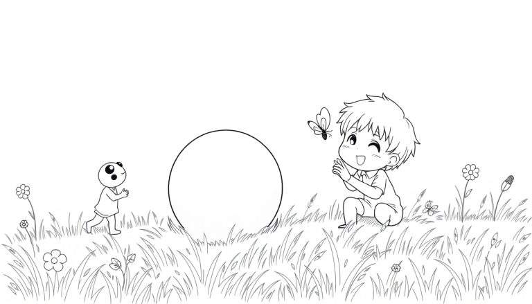 Niño chibi aplaudiendo a una mariposa, página para colorear de placa de color