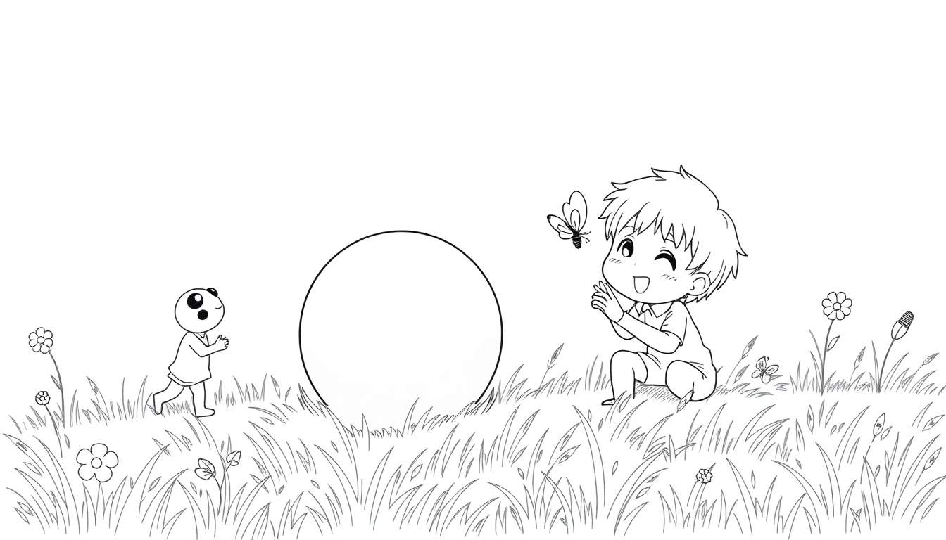 Niño chibi aplaudiendo a una mariposa, página para colorear de placa de color