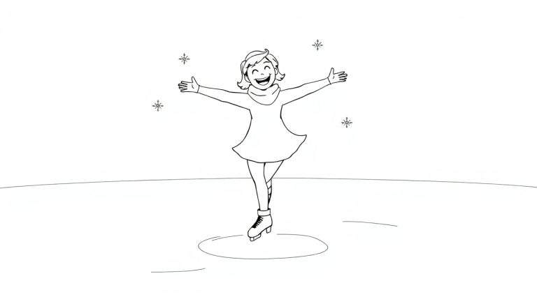 Una patinadora sonriente con los brazos extendidos, en una pista de hielo con copos de nieve, lista para colorear en la placa de color.