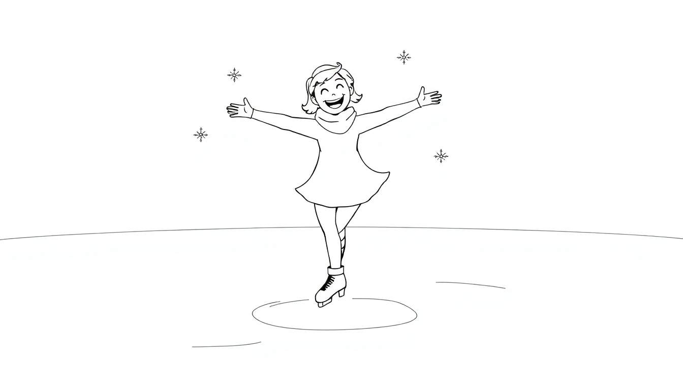 Una patinadora sonriente con los brazos extendidos, en una pista de hielo con copos de nieve, lista para colorear en la placa de color.