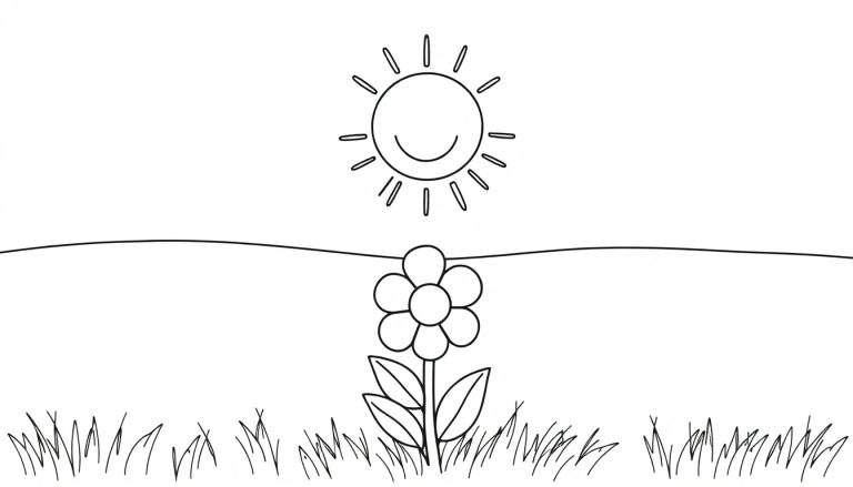 Una placa de color de un sol sonriente y una flor en un prado.