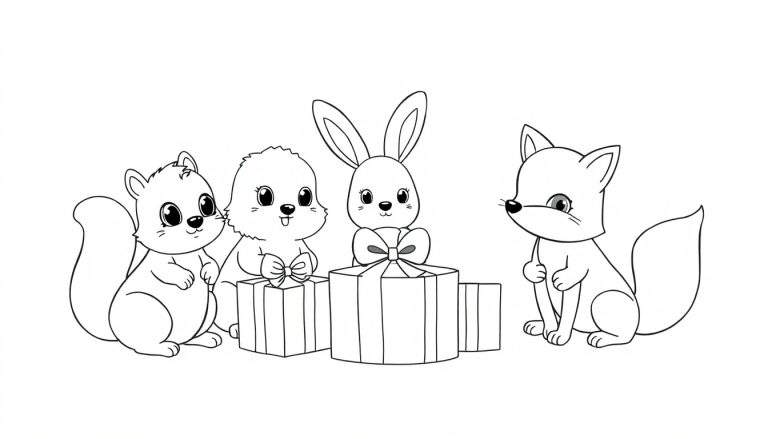 Placa de color con animalitos abriendo regalos
