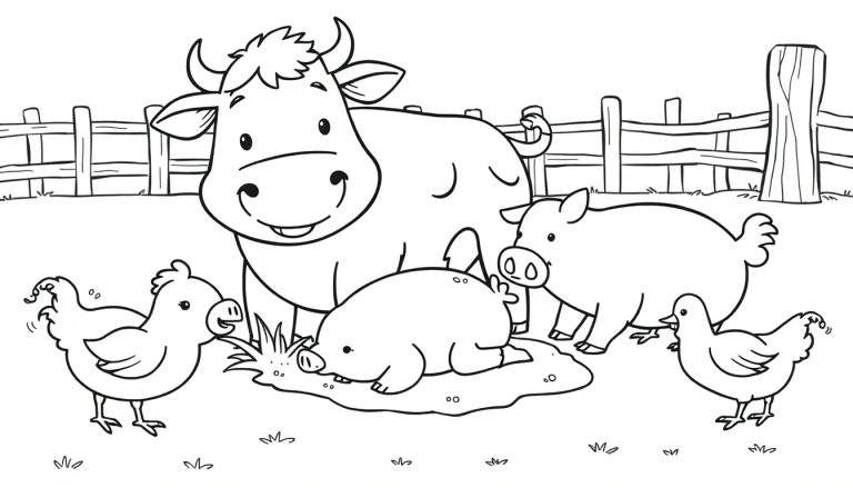 Una placa de color de una granja con animales felices: una vaca sonriente, tres cerdos juguetones y dos gallinas picoteando.