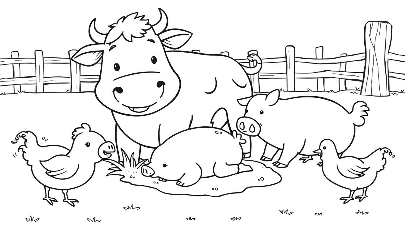 Una placa de color de una granja con animales felices: una vaca sonriente, tres cerdos juguetones y dos gallinas picoteando.