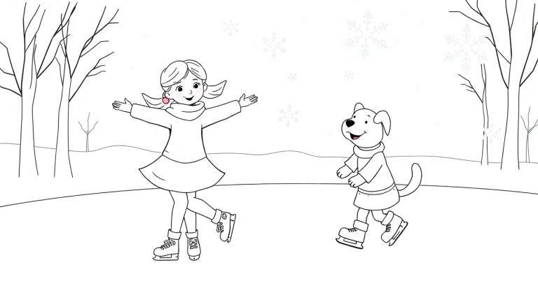 Niña y perro patinando en el hielo con copos de nieve cayendo, página para colorear en blanco y negro de la placa de color.