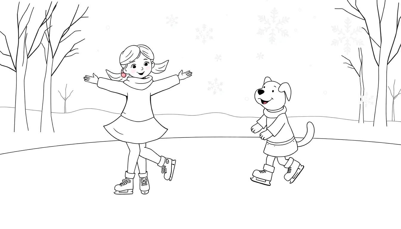 Niña y perro patinando en el hielo con copos de nieve cayendo, página para colorear en blanco y negro de la placa de color.