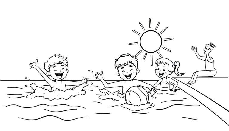 Placa de color de niños jugando en una piscina soleada