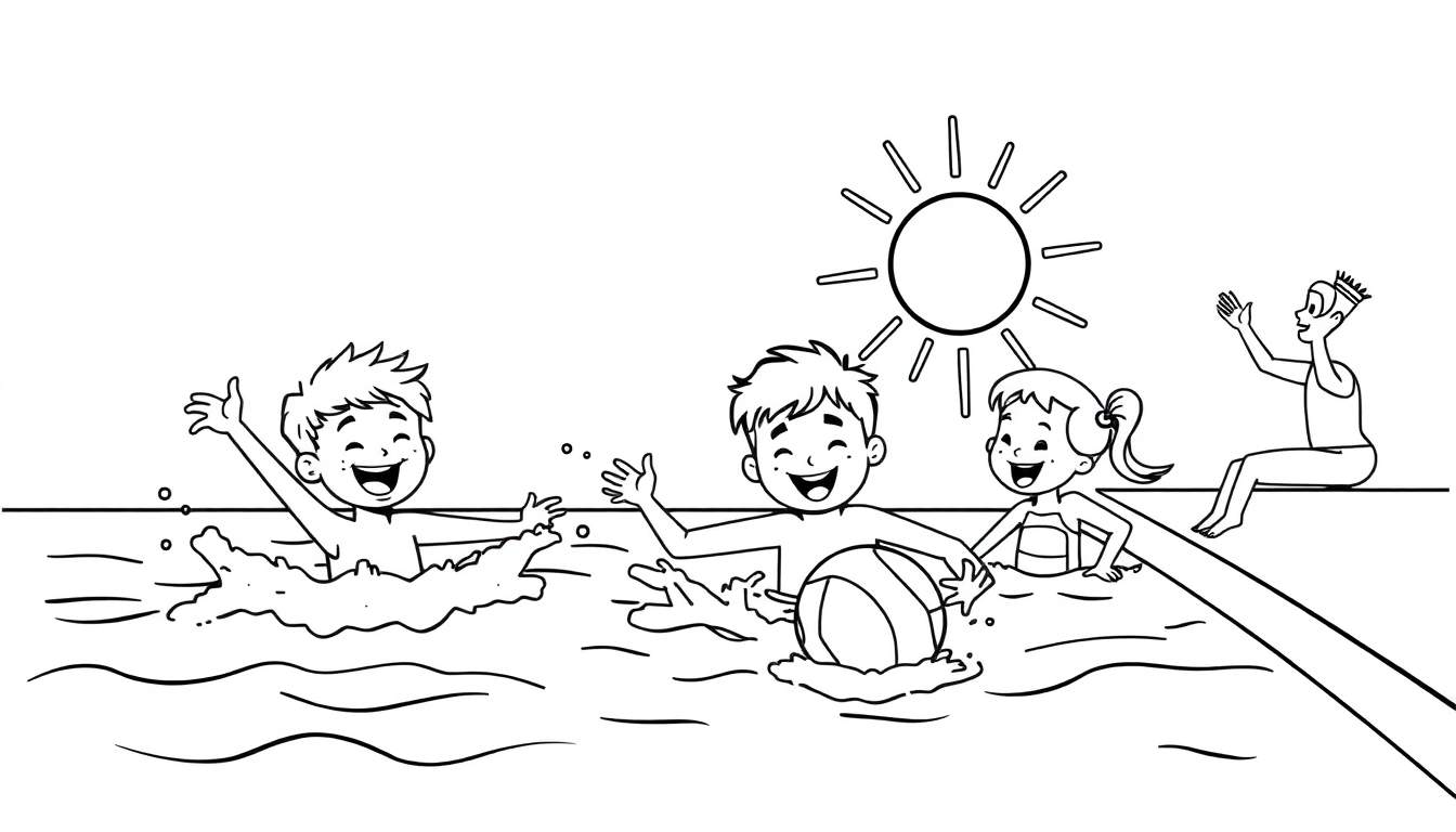 Placa de color de niños jugando en una piscina soleada