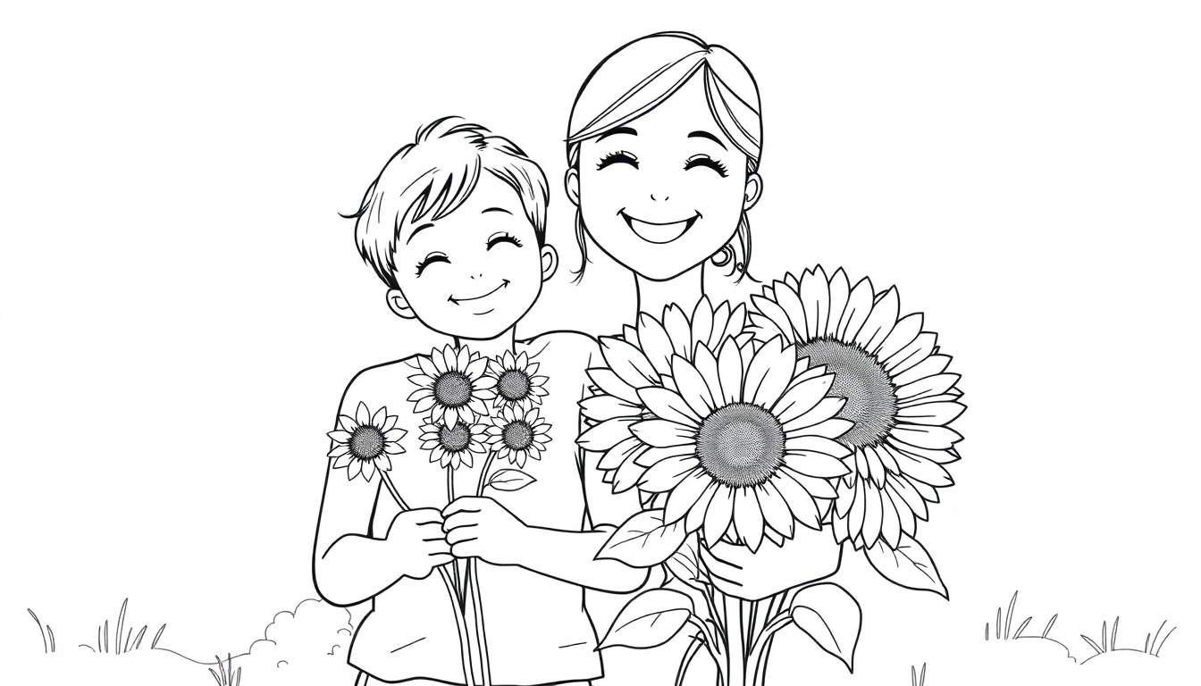Mamá e hijo sonriendo sosteniendo girasoles. Dibujo lineal para colorear, blanco y negro. Placa de color.