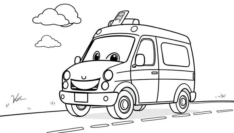 Una ambulancia sonriente lista para colorear con placas de color.