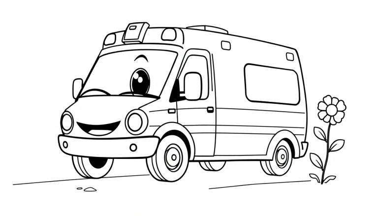 Una ambulancia de dibujos animados con una cara sonriente y una flor al lado en una carretera, lista para ser coloreada.