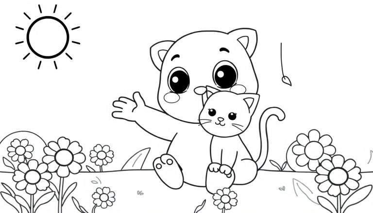 Oso de peluche con un gatito en su regazo, rodeados de flores, con un sol en el cielo.