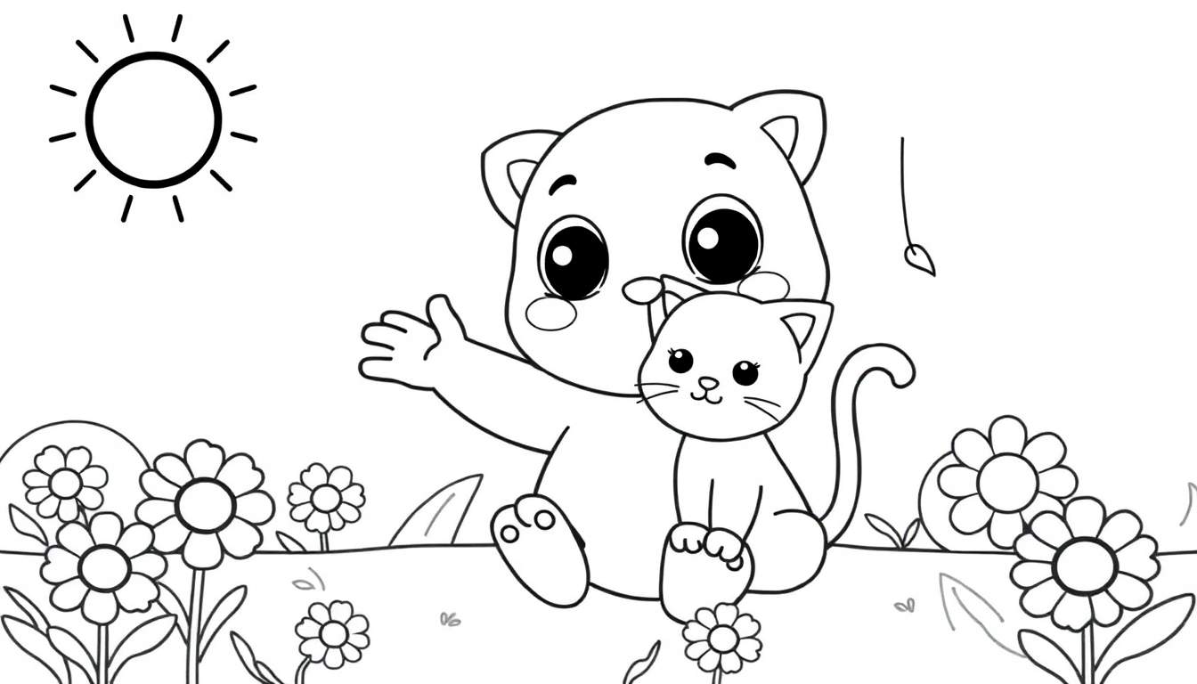 Oso de peluche con un gatito en su regazo, rodeados de flores, con un sol en el cielo.