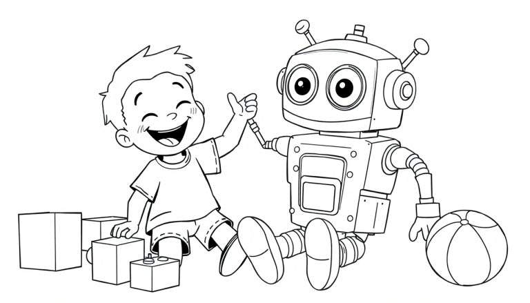 Un niño feliz choca los cinco con un robot amigable junto a bloques de construcción y una pelota. Placa de color.
