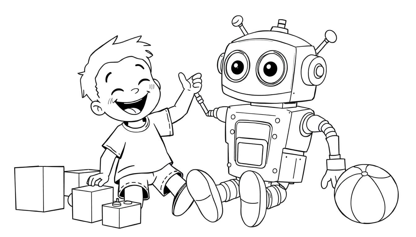 Un niño feliz choca los cinco con un robot amigable junto a bloques de construcción y una pelota. Placa de color.