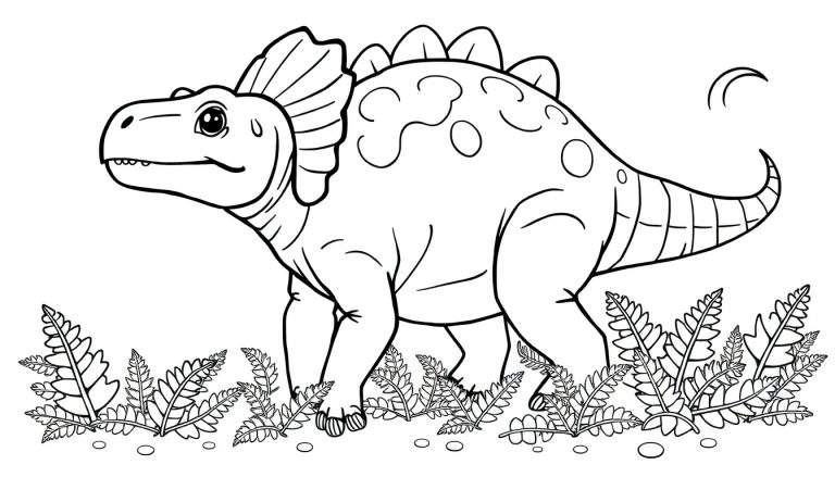 Un dibujo lineal en blanco y negro de un anquilosaurio amistoso con una gran placa de color en su espalda, rodeado de helechos.