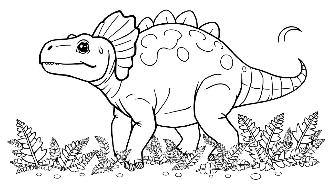 Un dibujo lineal en blanco y negro de un anquilosaurio amistoso con una gran placa de color en su espalda, rodeado de helechos.