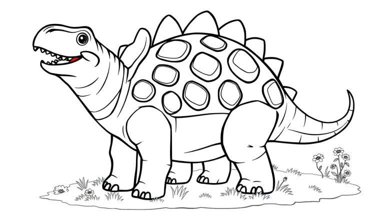 Un dibujo lineal de un anquilosaurio amigable listo para colorear, mostrando sus placas para colorear en la espalda y su cuerpo robusto.