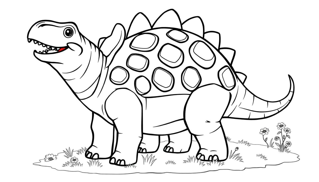 Un dibujo lineal de un anquilosaurio amigable listo para colorear, mostrando sus placas para colorear en la espalda y su cuerpo robusto.