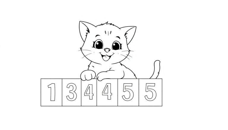 Una placa de color con un gatito mirando por encima de bloques numéricos.