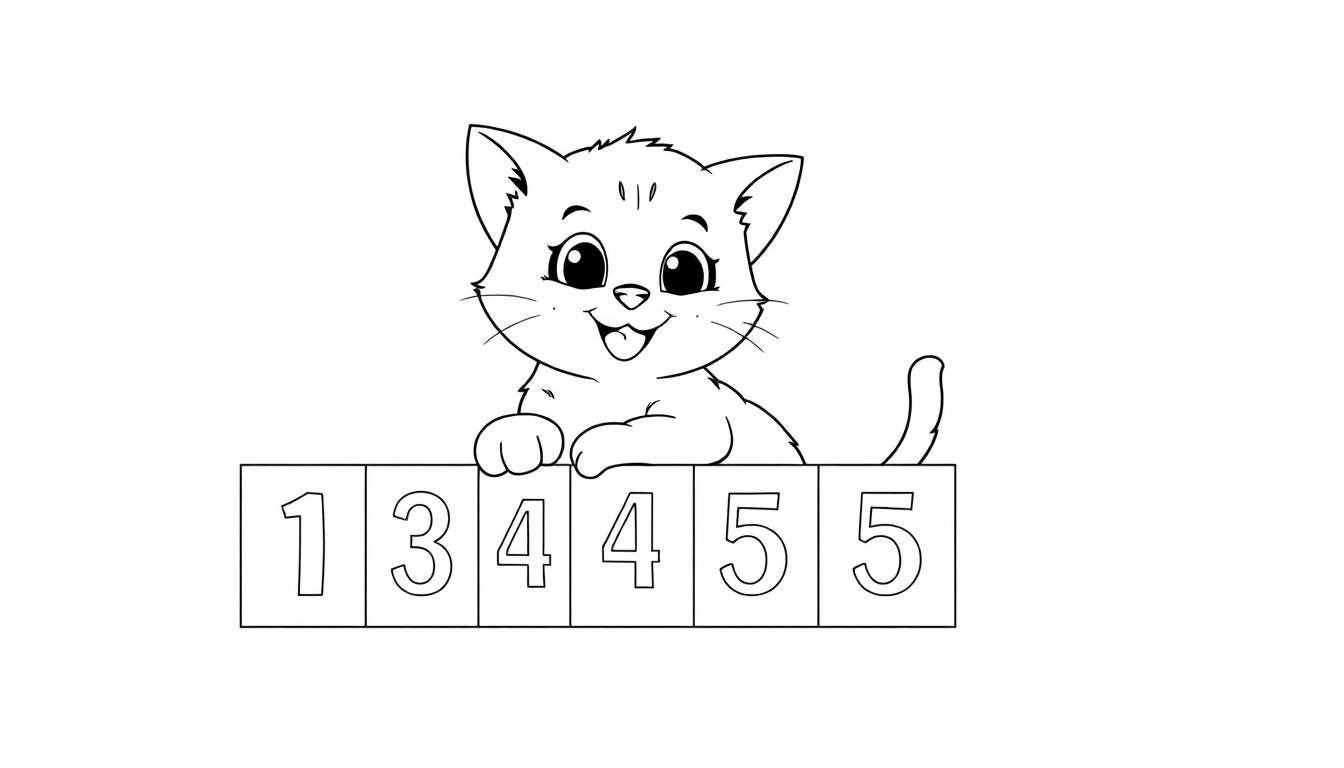 Una placa de color con un gatito mirando por encima de bloques numéricos.