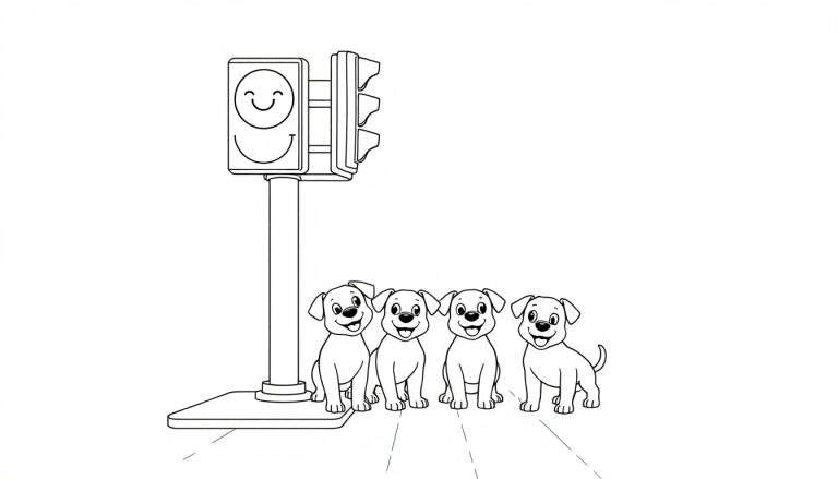Placa de color: Cuatro cachorros y un semáforo sonriente aprendiendo a cruzar la calle.