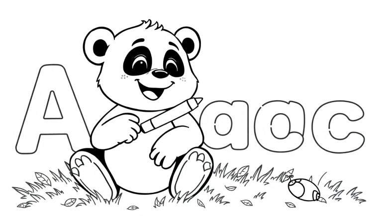 Un panda amigable sentado en la hierba con un lápiz, aprendiendo el abecedario 'Aac'. Dibujo en blanco y negro para colorear, listo para usar la placa de color.