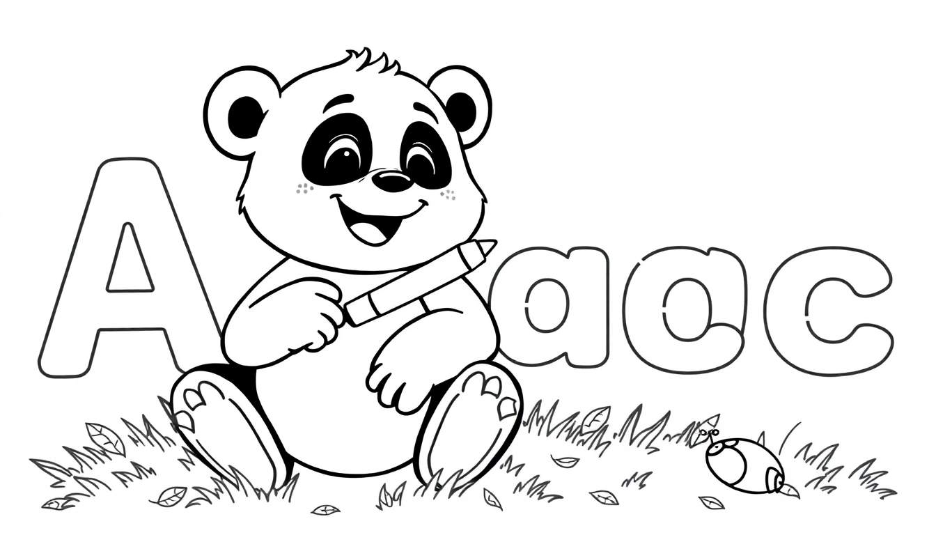 Un panda amigable sentado en la hierba con un lápiz, aprendiendo el abecedario 'Aac'. Dibujo en blanco y negro para colorear, listo para usar la placa de color.