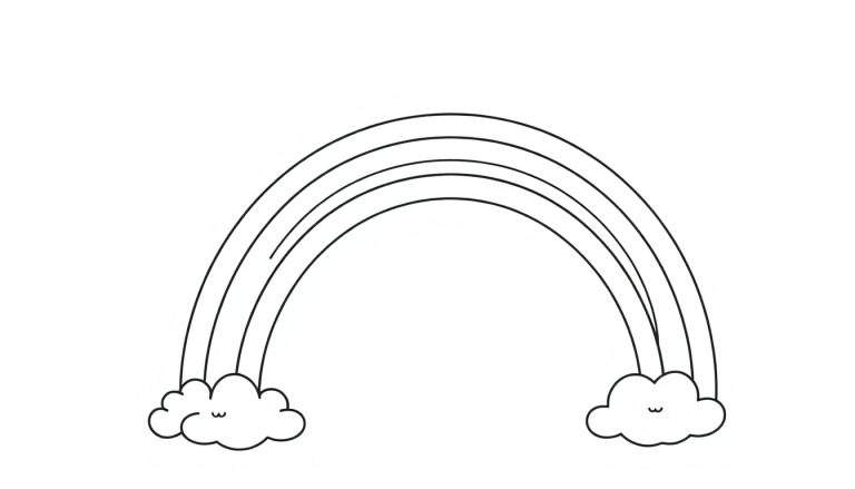 Un lindo arcoíris sonriente con nubes esponjosas en una página para colorear de la placa de color.