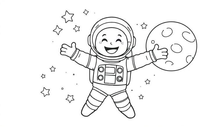 Un astronauta sonriente, listo para colorear en su placa de color, con estrellas y una luna cerca.