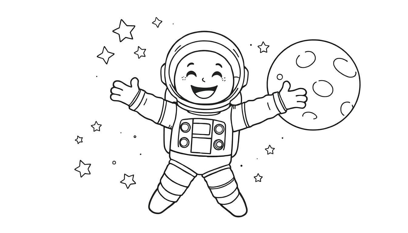 Un astronauta sonriente, listo para colorear en su placa de color, con estrellas y una luna cerca.