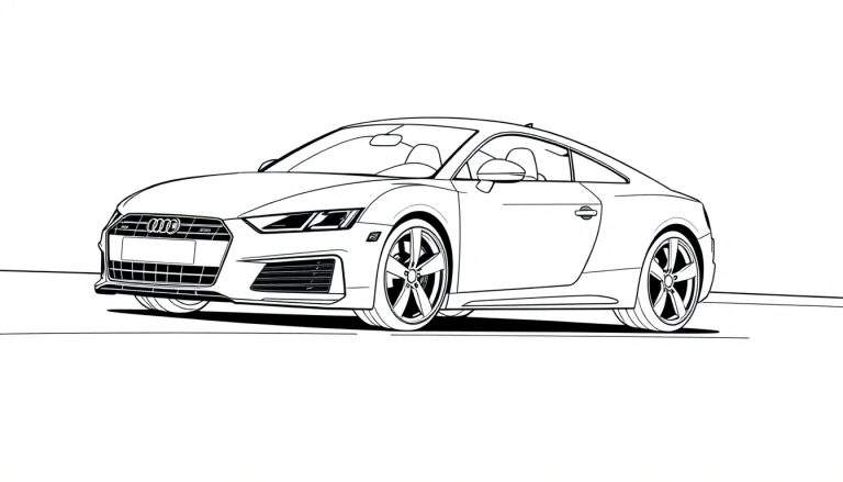 Dibujo lineal de un coche deportivo Audi TT para colorear en blanco y negro, listo para la placa de color.