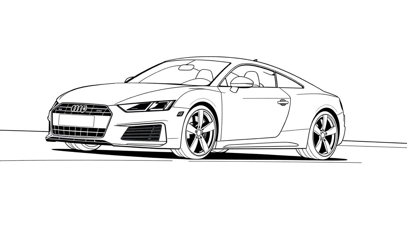 Dibujo lineal de un coche deportivo Audi TT para colorear en blanco y negro, listo para la placa de color.