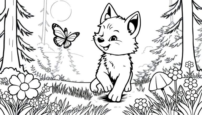 Placa de color de un tierno lobito jugando en el bosque con una mariposa.