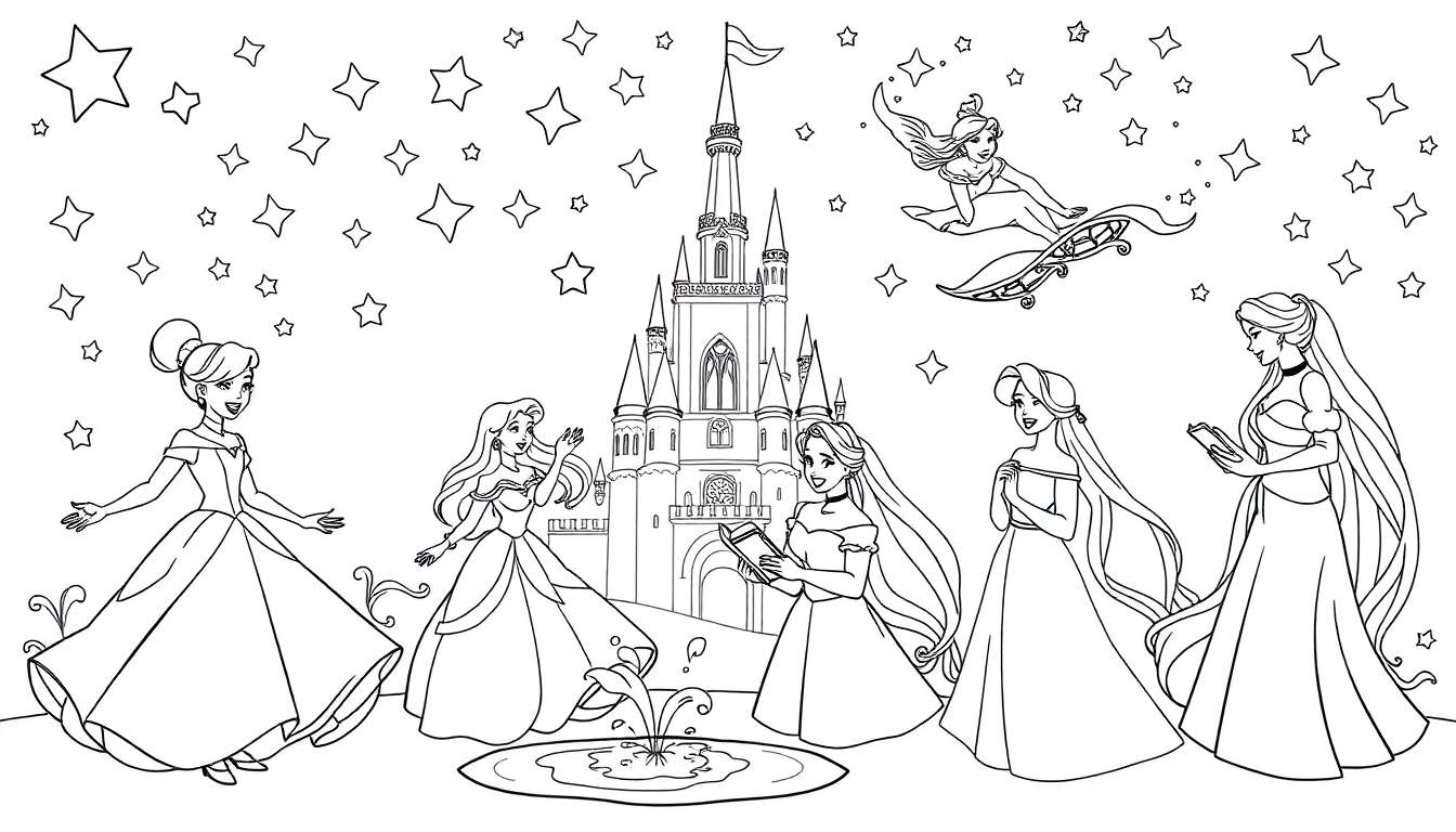 Página para colorear de princesas Disney con estrellas y un castillo, con una princesa volando en una tabla voladora.