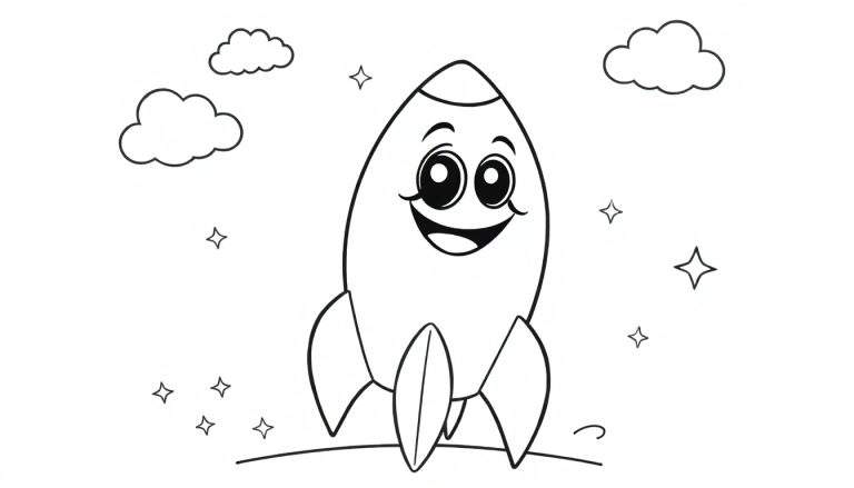 Dibujo lineal de un cohete sonriente en un paisaje estelar para colorear con placa de color.