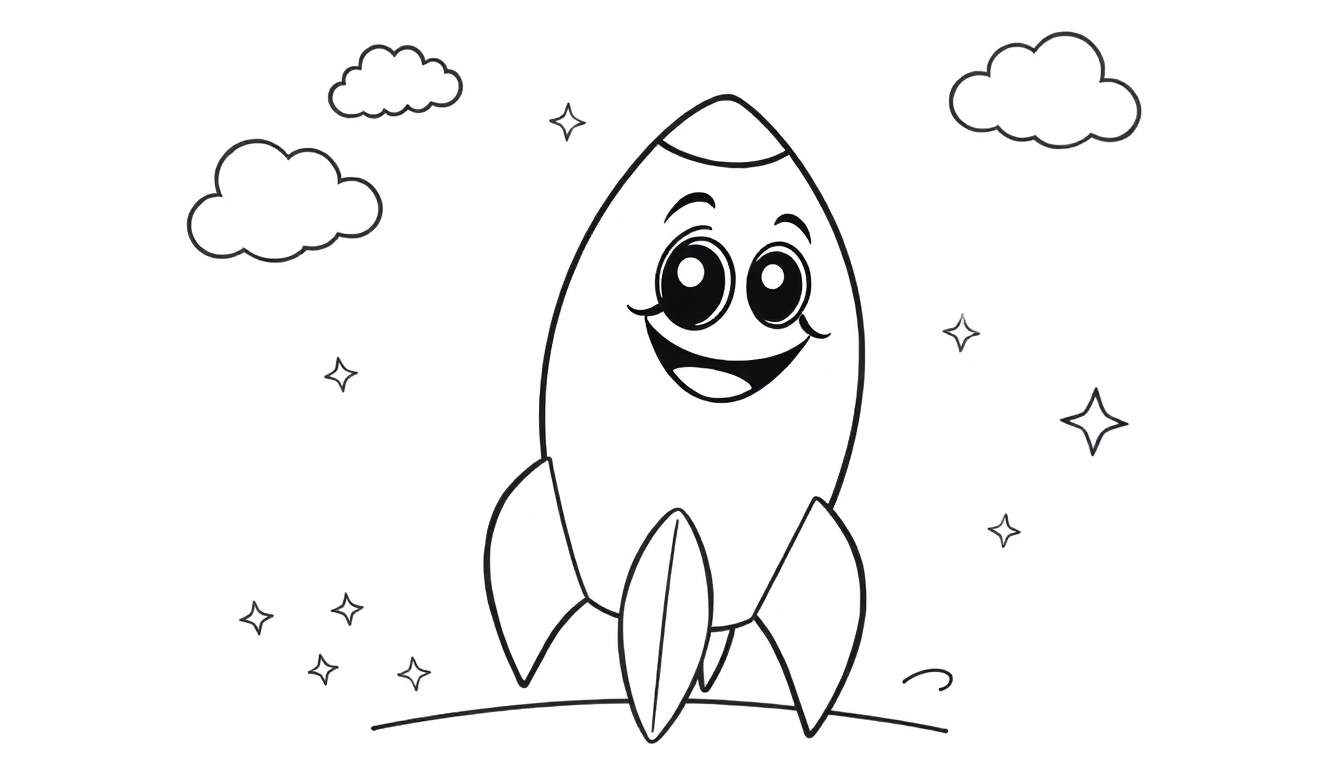 Dibujo lineal de un cohete sonriente en un paisaje estelar para colorear con placa de color.