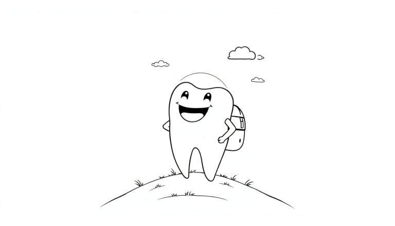 Un diente sonriente con una mochila en una colina, listo para la aventura, un diseño de placa de color.