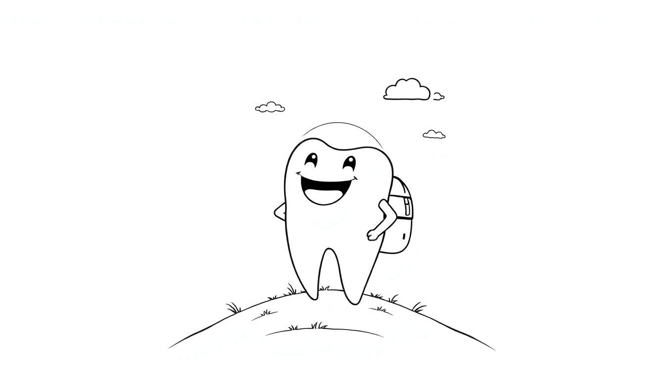 Un diente sonriente con una mochila en una colina, listo para la aventura, un diseño de placa de color.