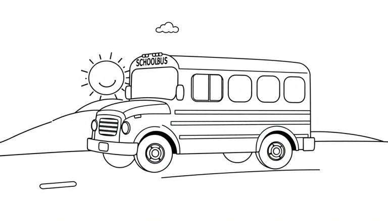 Autobús escolar listo para colorear en una placa de color, con un sol y una colina.
