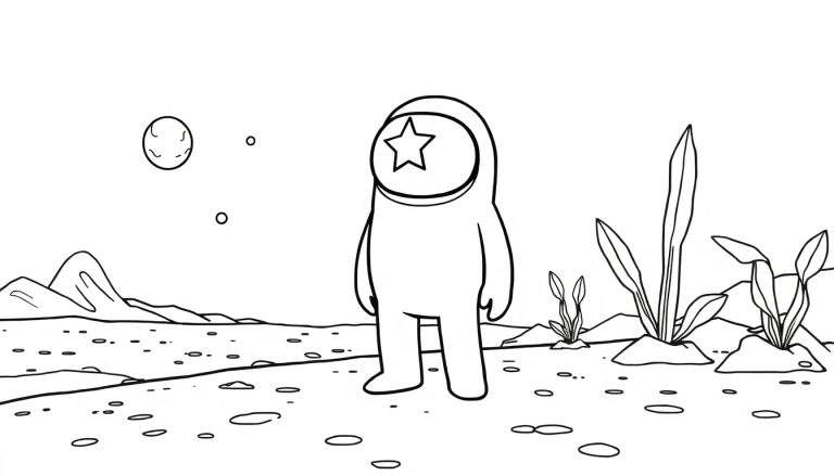 Astronauta Among Us listo para colorear, una placa de color esperando aventuras espaciales.