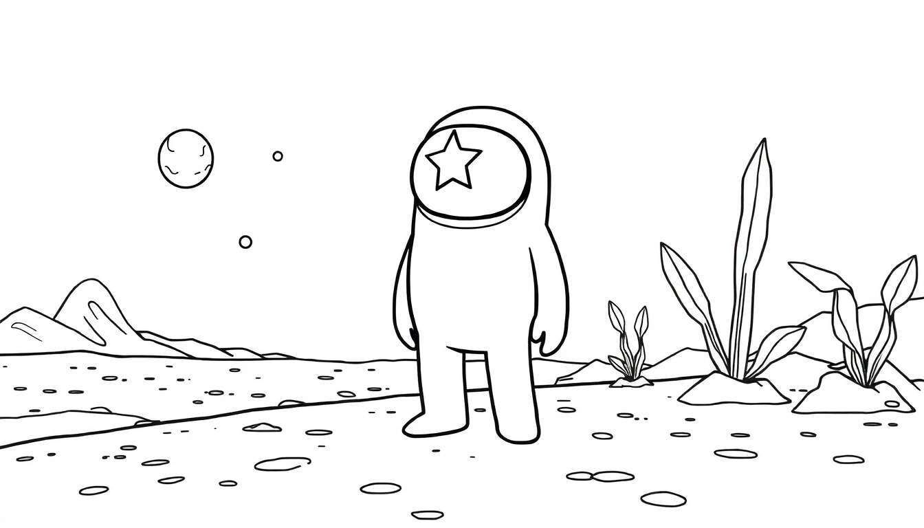 Astronauta Among Us listo para colorear, una placa de color esperando aventuras espaciales.