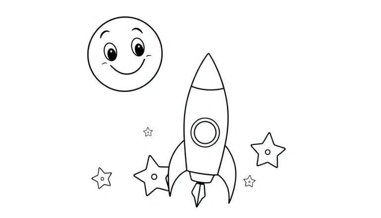 Un cohete espacial listo para el despegue, con estrellas titilantes y una luna sonriente, todo en un diseño simple para colorear en la placa de color.