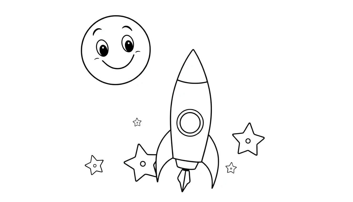 Un cohete espacial listo para el despegue, con estrellas titilantes y una luna sonriente, todo en un diseño simple para colorear en la placa de color.