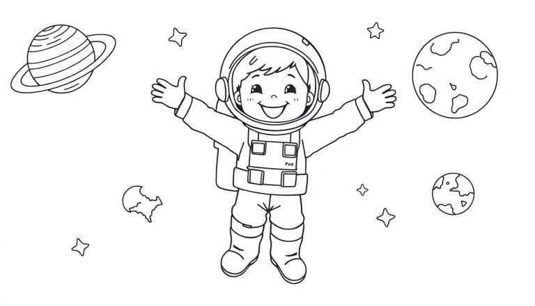 Un niño astronauta feliz en su placa de color flota en el espacio rodeado de planetas y estrellas.