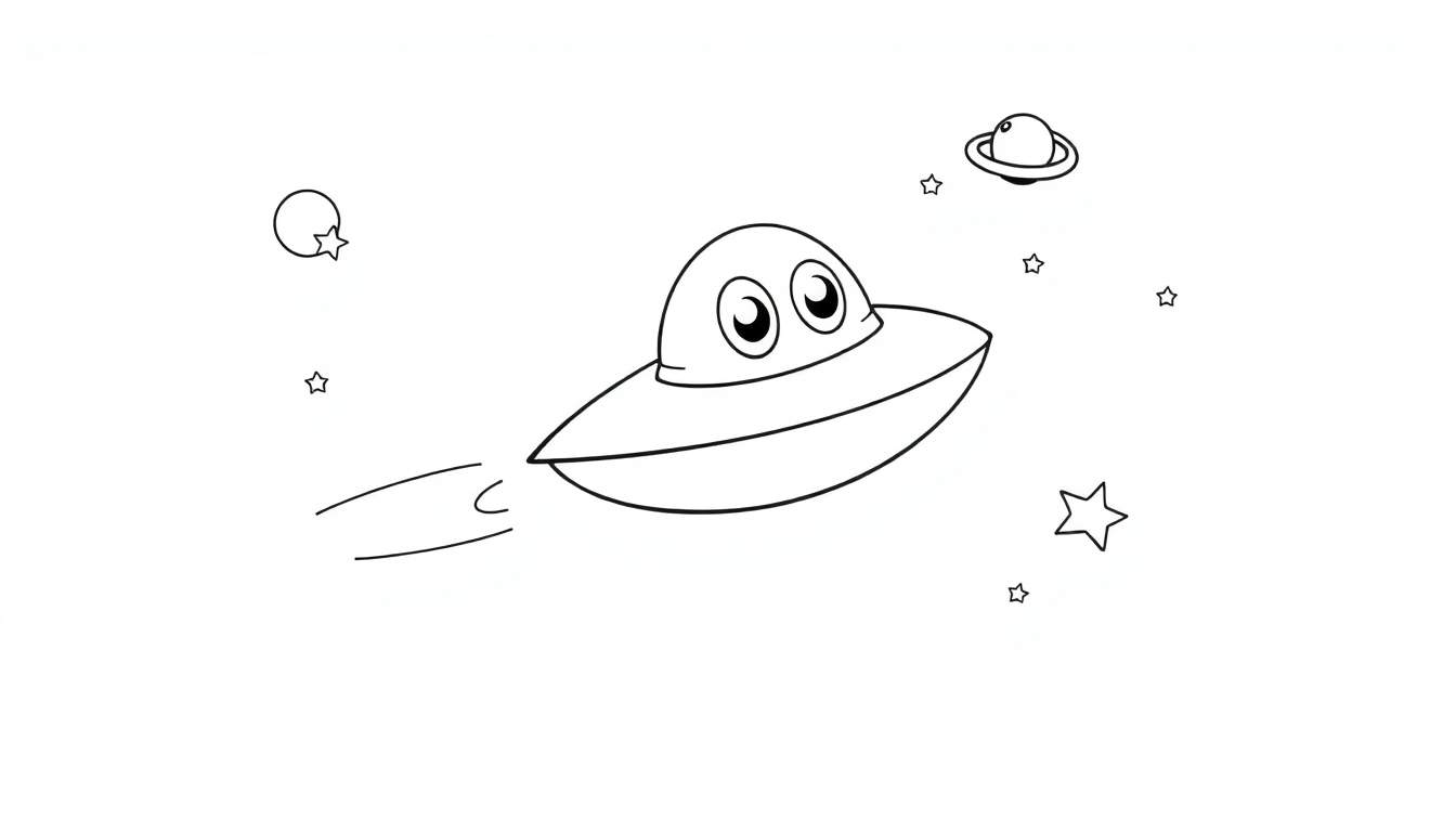 Ilustración de dibujos animados en blanco y negro de una nave espacial amigable con ojos grandes volando en el espacio junto a un planeta con anillo y estrellas, lista para ser coloreada.