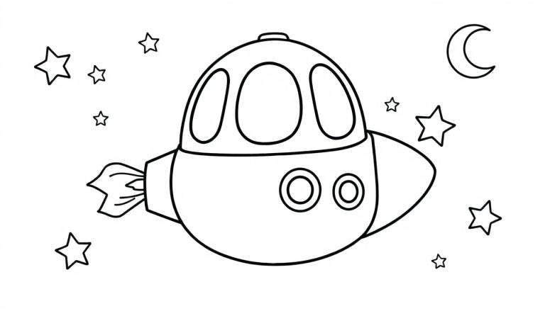 Un cohete espacial de dibujo lineal para colorear, listo para despegar hacia la luna y las estrellas, con una placa de color.